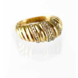 A 9ct gold fashion ring set with four vertical rows of channel-set tiny diamonds, size Q, approx 4.