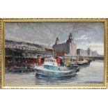 ARTHUR GEE (20th century); oil on board, 'Wet Day, Liverpool Pier Head' dated 1965, 39 x 62cm,