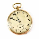 Cyma; gold plated keyless wind open face pocket watch, crown missing, width 47mm.