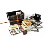 A mixed group of British and Continental military and other items to include an ARP tin box,
