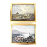 ARTHUR COX; a pair of oils on board 'Garwick Bay Laxey I O Man,