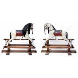 A traditional wooden dapple grey rocking horse with original horse hair mane and tail,