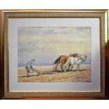 JOHN G KAY; a watercolour and ink study of a farmer with horse carts ploughing in field, 30 x 40cm,