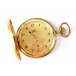 Uno; gold plated keyless wind full hunter pocket watch with engraved case, width 50mm (af).