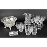 A quantity of cut glass, crystal and etched glasses to include wine glasses, whisky glasses,