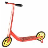 A Tri-ang red metal scooter with yellow painted wheels, label to front, height 74cm, length 84cm.