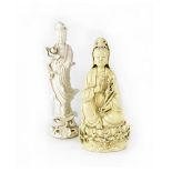 A decorative Chinese blanc-de-Chine figure of Guanyin and a similar pale yellow glazed example,