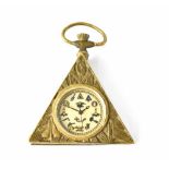 Hiram; a gilt metal keyless wind triangular Masonic pocket watch, width 55mm.