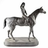 AFTER CHARLES VALTON; a bronze racehorse and jockey on naturalistic base, signed to base C VALTON,