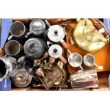 An oak-cased canteen of cutlery, sundry pewter items to include teapot with floral finial,