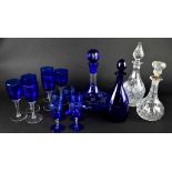 A late 19th century Bristol blue glass decanter of mallet form with flared rim and polished pontil,