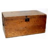 A 19th century pine travelling chest with metal carrying handles to either side, length 105cm.