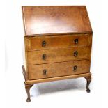 A 20th century walnut bureau, drop-down desk top with pigeonholes to interior,