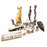 A collectors' lot comprising carved wooden, glass and hardstone figures, a cloisonné owl, etc.