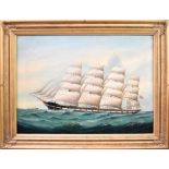 ATTRIBUTED TO LAI FONG (Chinese, fl 1890-1910); oil on canvas, tall masted ship 'Romsdal' at sea,