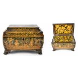 A 19th century marquetry inlaid and penwork tea caddy of sarcophagus form,