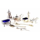 An Elizabeth II hallmarked silver three-piece cruet comprising salt, mustard and pepper pot,