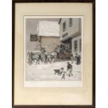 Cecil Aldin; a colour lithograph of a winter coaching scene outside the George Inn,