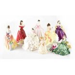 Eight Royal Doulton figures, HN3286 'Alexandra', HN2474 'Elyse',