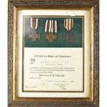 A framed display of German Cross of Honours with citation.