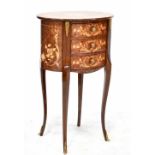 An Italian Sorrento inlaid oval three-drawer bedside chest, to slender tapering cabriole supports,