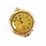 Elgin; a yellow metal keyless wind open face pocket watch with engraved bezel, width 31mm.