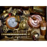 A quantity of metalware to include copper warming pan, large brass bell, ornamental sounding cannon,