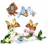 A group of eleven Herund Hungary insect and animal figures to include three large butterflies on