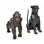 Four early 20th century leather-covered animals, a gorilla, 47 x 43cm,