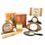 Six vintage clocks to include two Smiths examples, two hardwood jewellery boxes, etc.