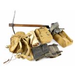 A quantity of WWII British webbing, canvas machine gun ammunition pouch, RAF webbing belt,