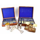 Two cased sets of six place setting fish knives and forks, silver plated grape scissors,