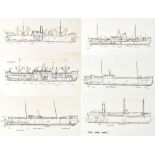 Six large black and white outline drawings of cargo ships, each mounted on art board,