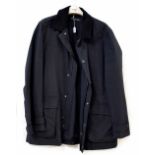 A Jaeger dark blue rain coat with dark blue corduroy collar.