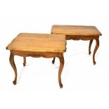 A pair of French-style oak rectangular side tables to cabriole supports, 62 x 42cm (2).