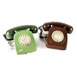 Two vintage telephones, one green and one brown (2).