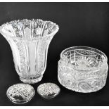 Assorted glassware to include cut glass flared vase, bowls, lidded dressing table jars,