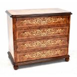An Italian Sorrento inlaid four-drawer chest to bun supports, 88 x 100 x 55cm.