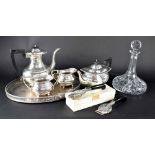 A Viners three-piece silver plated tea set, plated tray,