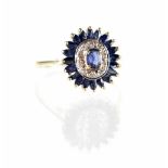 A 9ct yellow gold Art Deco style blue sapphire and diamond ring, size Q, approx 3g.