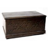 An 18th century oak carved Bible box with wrought iron hinges and lock,