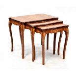 An Italian Sorrento inlaid nest of three tables, all to slender tapering cabriole supports,