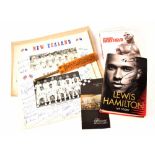 A quantity of signed and facsimile signed memorabilia to include a Lewis Hamilton book and a