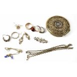 A small quantity of silver and white metal jewellery to include three rings, two pairs of earrings,