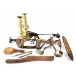 Various mixed metalware and vintage tools to include a shipwright's shoulder drill,