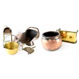 A quantity of copper and brass ware to include a lidded copper cauldron, coal scuttle,