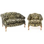 A pair of Jade Holdings twin-seat sofas and two matching armchairs to front cabriole carved
