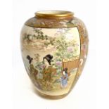 A Japanese Satsuma vase of globular form painted with geishas inside floral panels, signed to