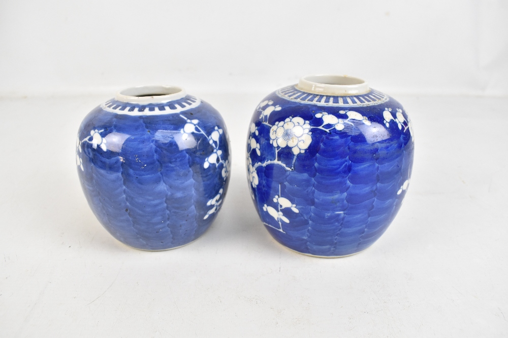 Two similar early 20th century Chinese blue and white prunus decorated jars, height 14cm and 13cm, - Image 2 of 6