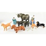 BESWICK; a collection of animal figurines to include three elephants of various sizes, height of